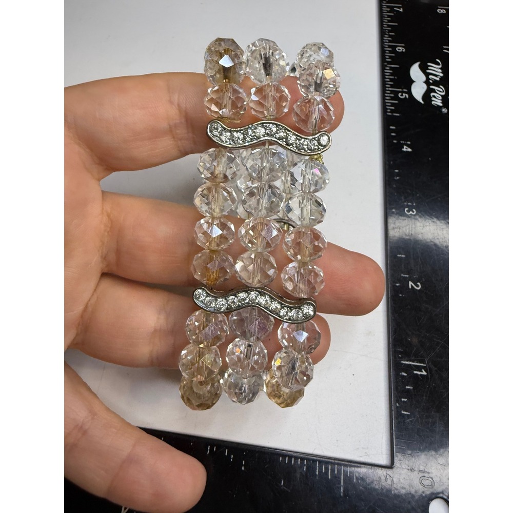 Faceted Crystal Bead Triple Strand Stretch Bracelet Rhinestone Spacers Clear AB